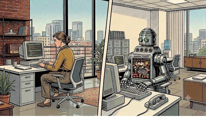 A person works at a desk while an AI agent handles a computer alongside them