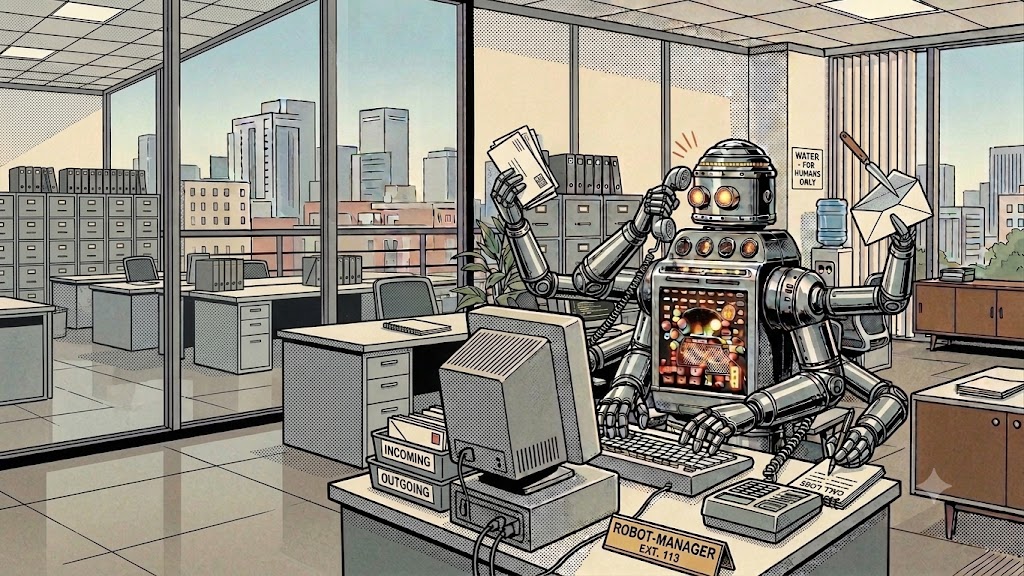 A multi-armed robot office manager handling mail, phone, and paperwork at a desk