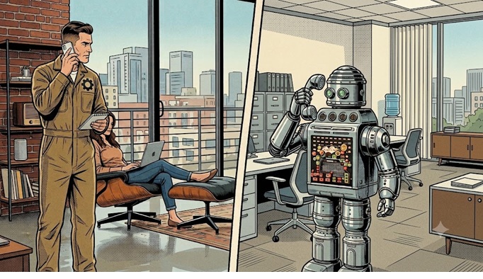 A tradesperson takes a call while an AI agent answers another in the office